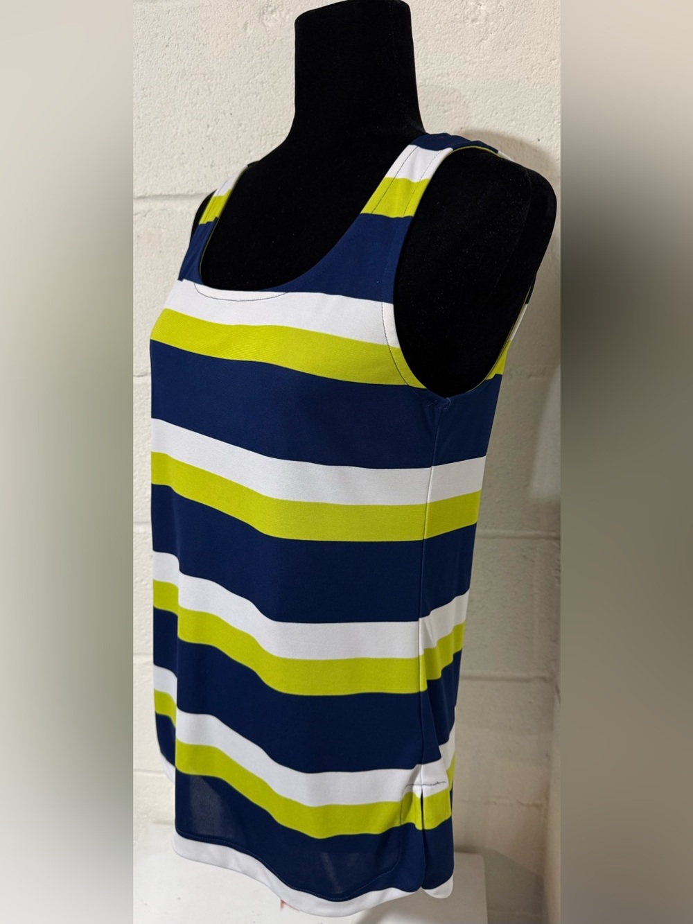 Ann Taylor Navy Blue Lime Green Striped Scoop Neck Tank Top Size M